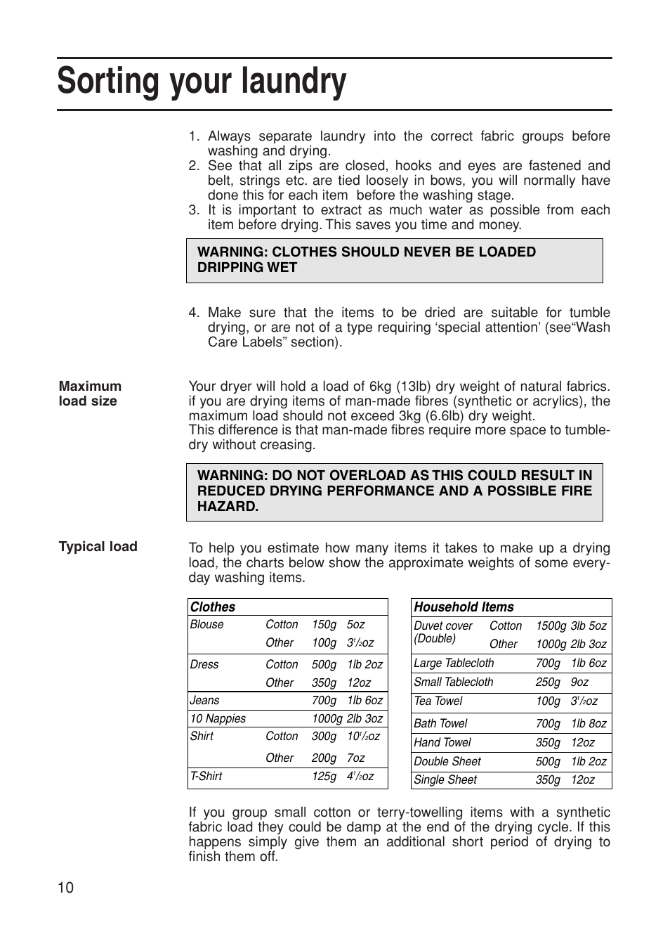 Sorting your laundry | Indesit G75C User Manual | Page 10 / 20