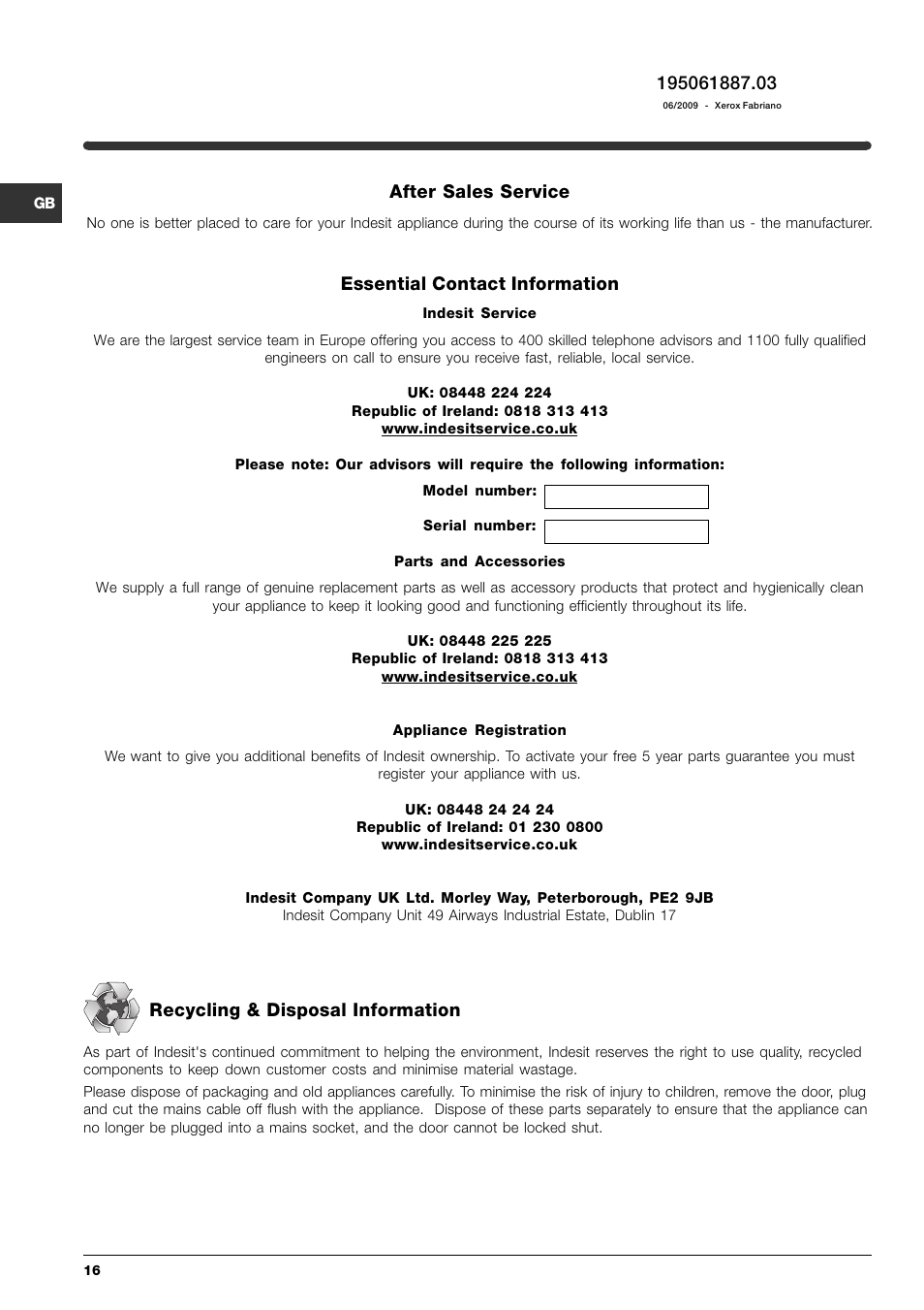 After sales service, Essential contact information, Recycling & disposal information | Indesit SIXL 145 User Manual | Page 16 / 16