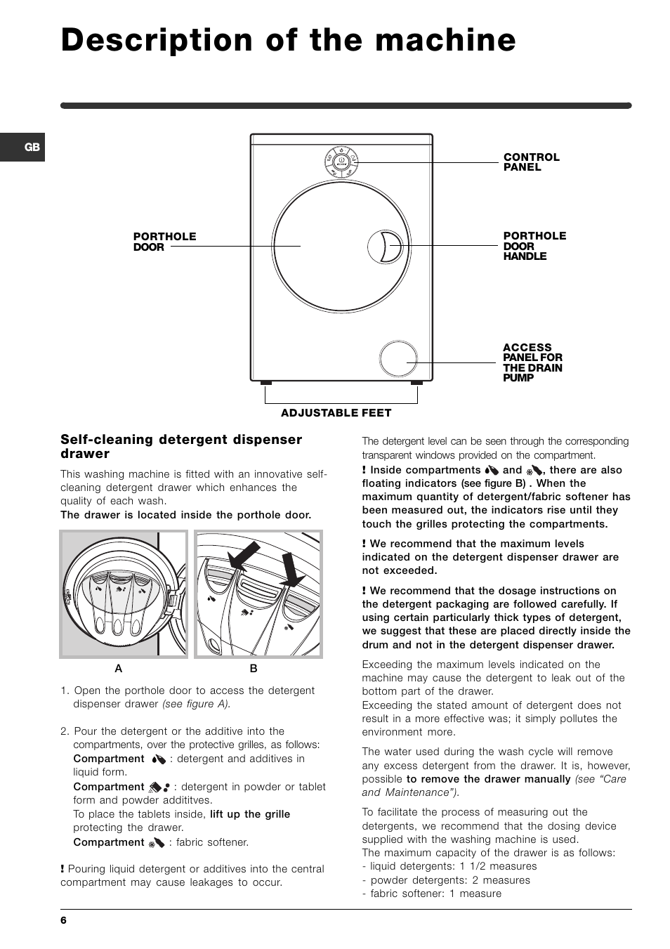 Description of the machine, Self-cleaning detergent dispenser drawer | Indesit SIXL 145 User Manual | Page 6 / 16