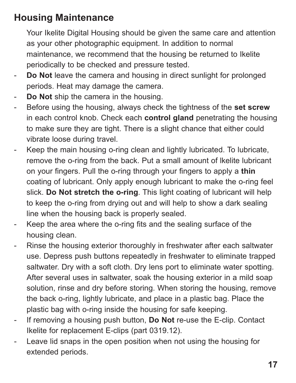 Housing maintenance | Ikelite Underwater Housing for Canon PowerShot G12 User Manual | Page 17 / 28