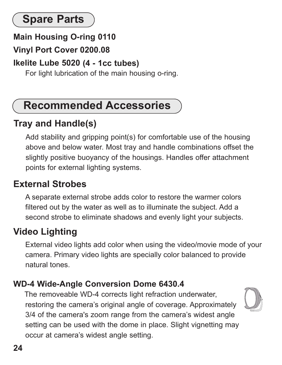 Spare parts, Recommended accessories | Ikelite Underwater Housing for Canon PowerShot G12 User Manual | Page 24 / 28