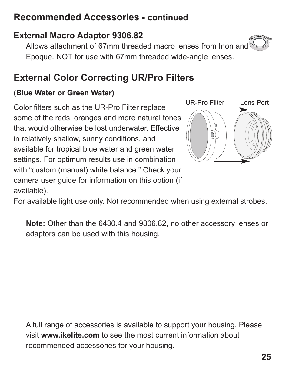 Recommended accessories, External color correcting ur/pro filters | Ikelite Underwater Housing for Canon PowerShot G12 User Manual | Page 25 / 28
