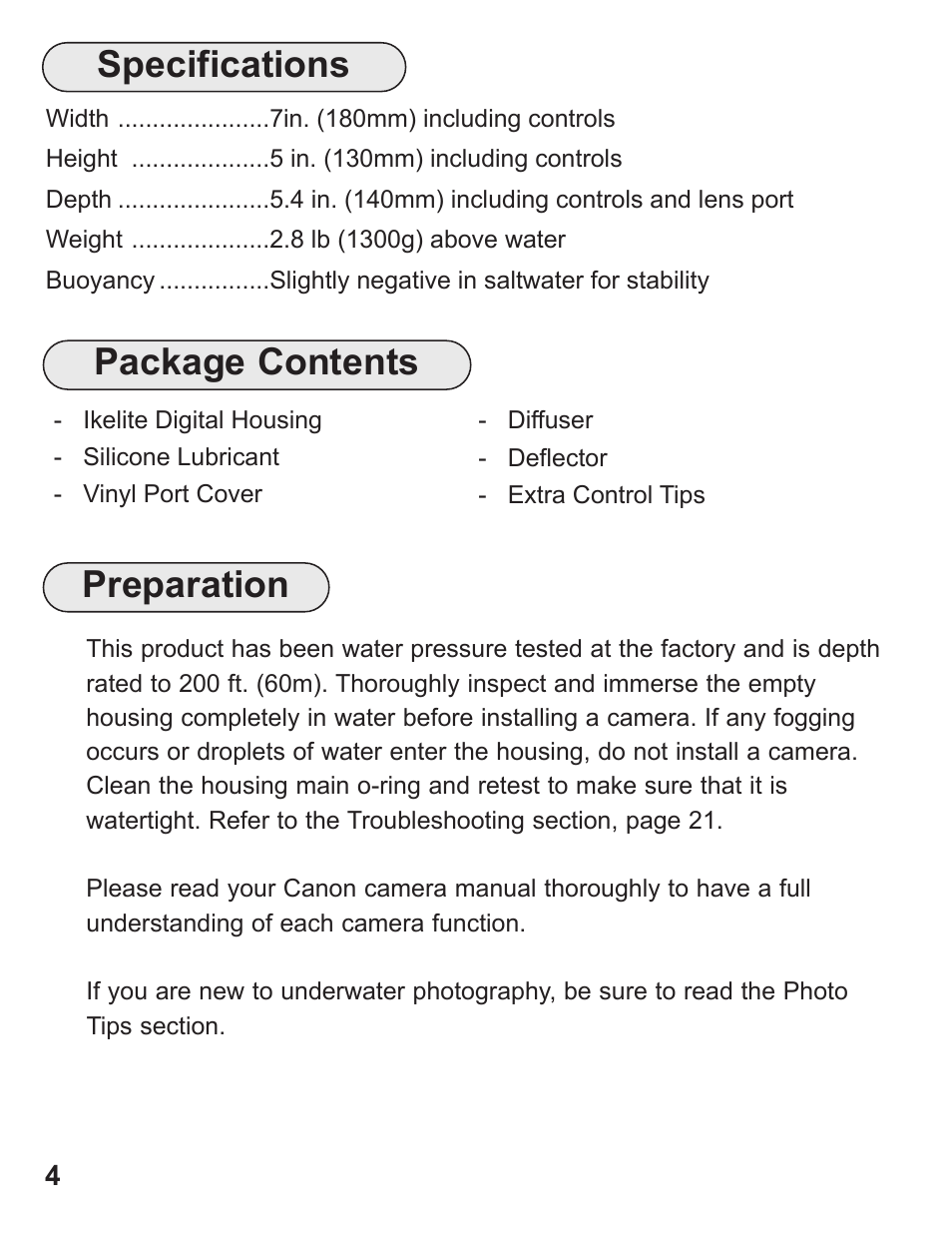 Package contents, Preparation, Specifications | Ikelite Underwater Housing for Canon PowerShot G12 User Manual | Page 4 / 28