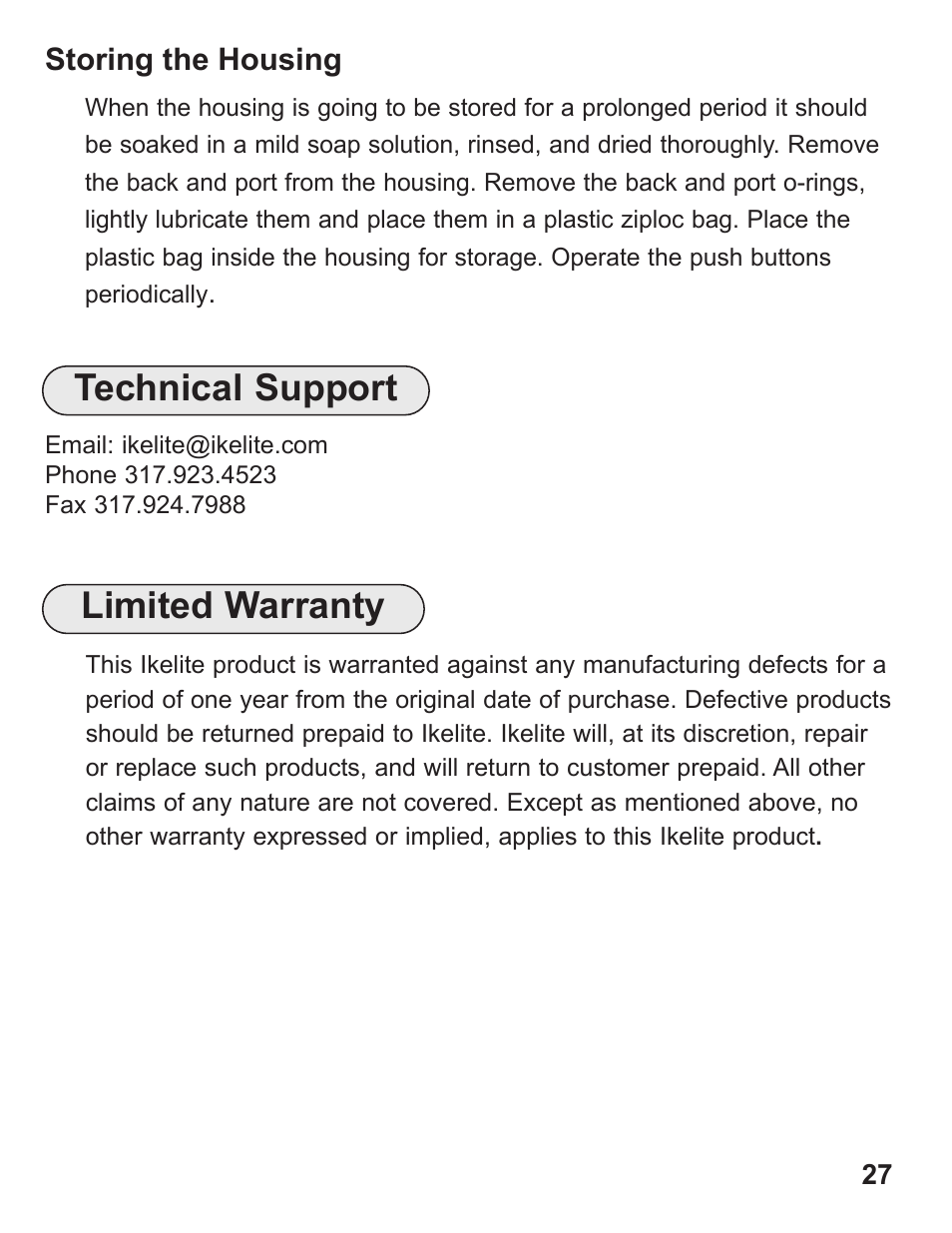 Limited warranty technical support | Ikelite D90 User Manual | Page 27 / 28