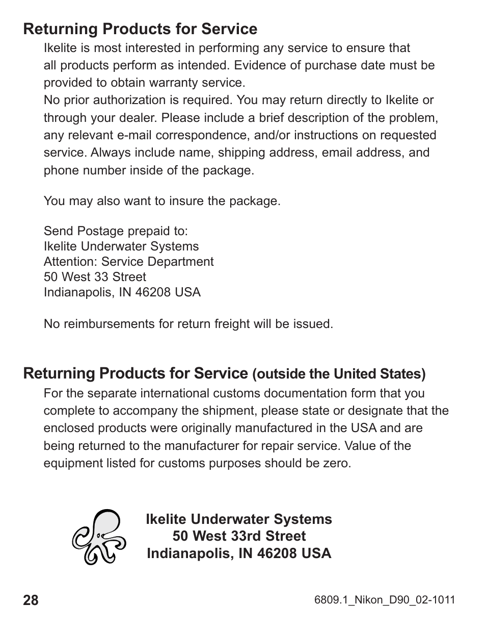 Returning products for service | Ikelite D90 User Manual | Page 28 / 28