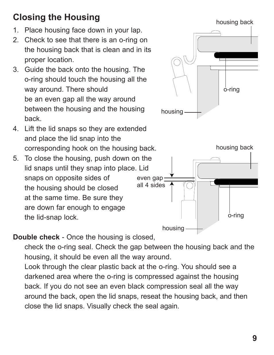 Closing the housing | Ikelite D90 User Manual | Page 9 / 28