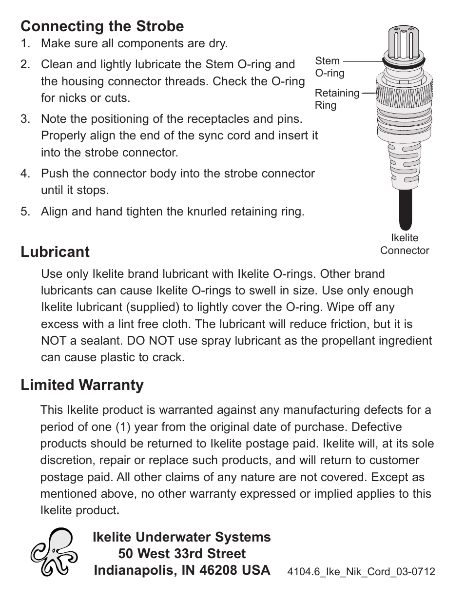 Connecting the strobe, Limited warranty, Lubricant | Ikelite pdf #4104.6 ..... Nikonos TTL Cord Film Camera User Manual | Page 4 / 4