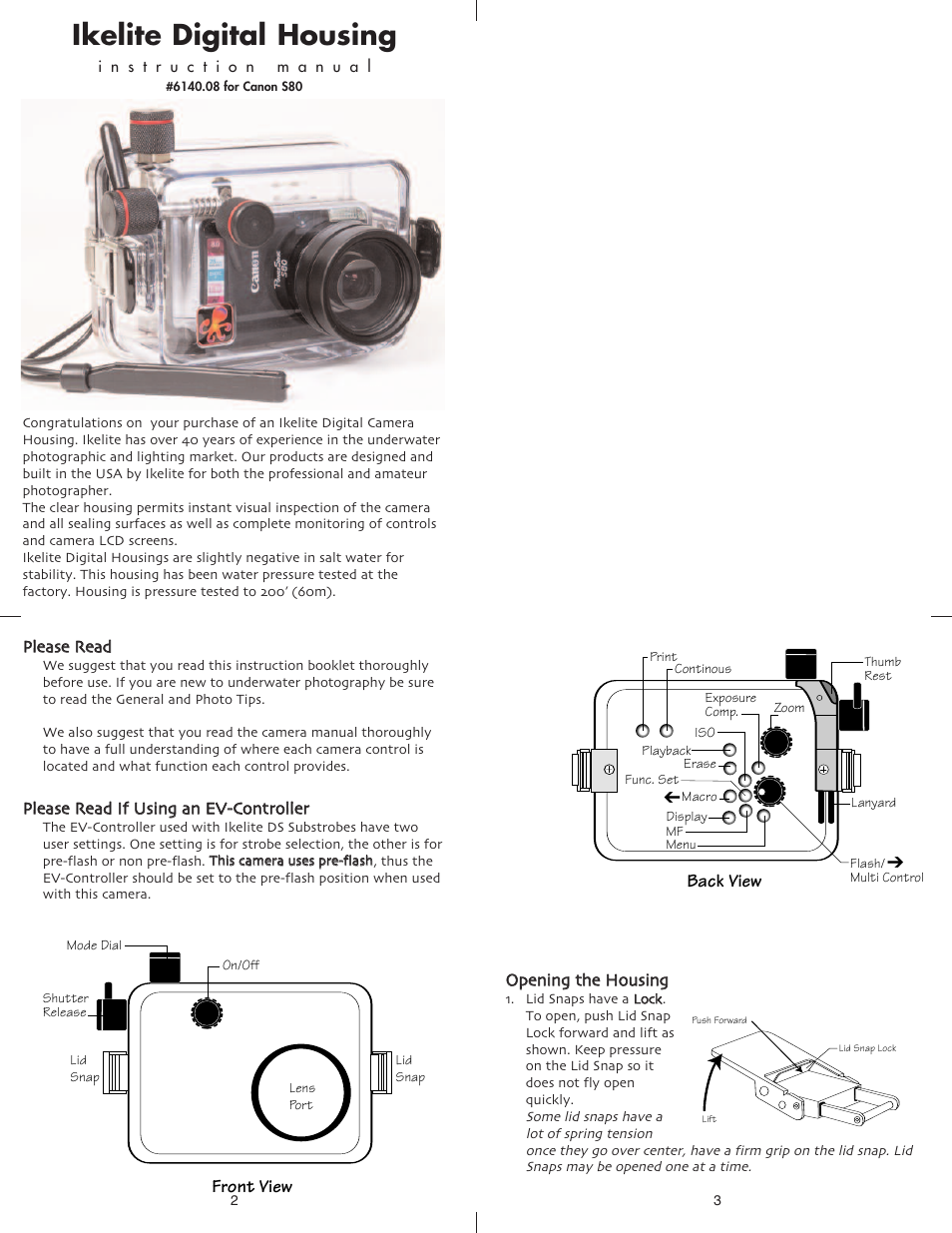 Ikelite digital housing, Front view, Back view | Ikelite SD630 User Manual | Page 2 / 7