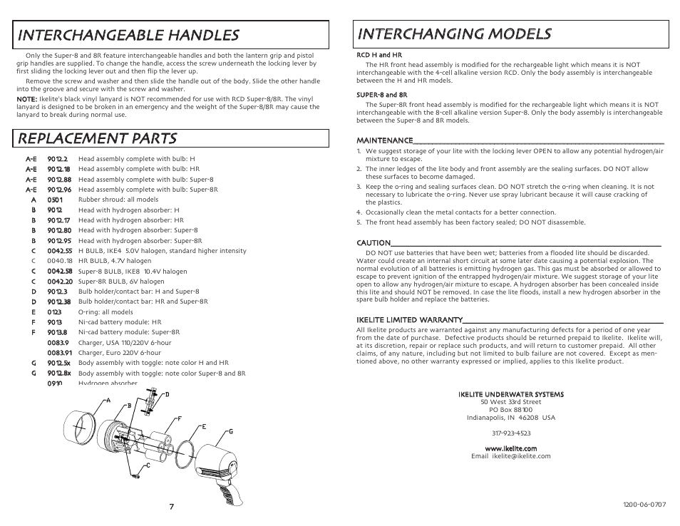 Iin ntteerrcch haan nggeeaabbllee h haan nddlleess, Rreeppllaacceem meen ntt ppaarrttss, Iin ntteerrcch haan nggiin ngg m mo oddeellss | Ikelite RCD H User Manual | Page 4 / 4