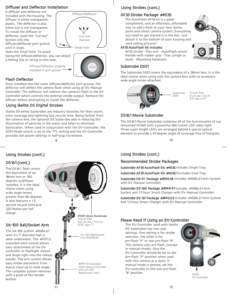 Diffuser and deflector installation, Using strobes (cont.) recommended strobe packages, Please read if using an ev-controller | Using ikelite ds digital strobes, Substrobe ds51, Using strobes (cont.) ds161 movie substrobe, Using strobes (cont.), Ds161 (cont.), Sa-100 ball/socket arm, Flash deflector | Ikelite SX210 IS User Manual | Page 3 / 5