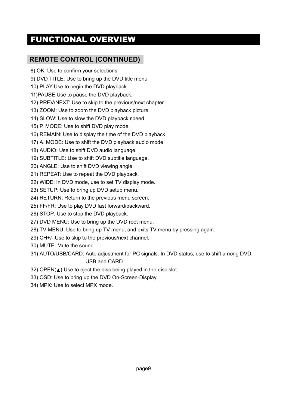 Functional overview, Remote control (continued) | Initial Technology DTV-172 User Manual | Page 12 / 51