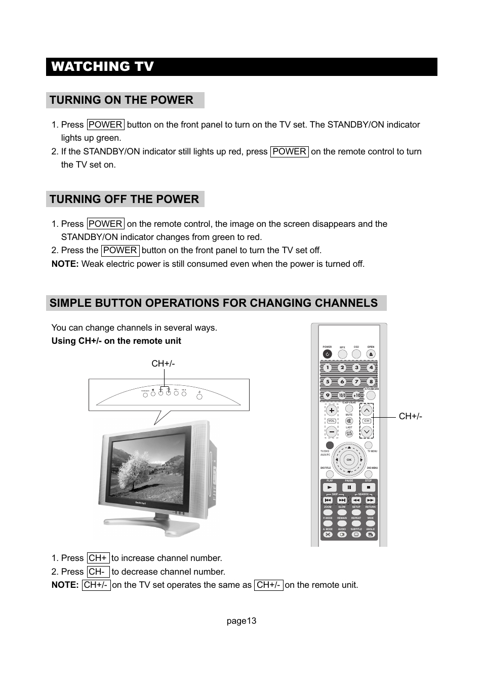 Watching tv, Turning on the power, Turning off the power | Simple button operations for changing channels, Page13 | Initial Technology DTV-172 User Manual | Page 16 / 51