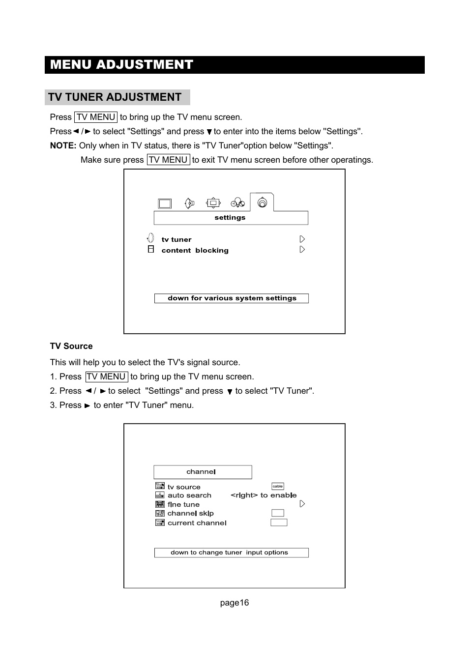 Menu adjustment, Tv tuner adjustment | Initial Technology DTV-172 User Manual | Page 19 / 51