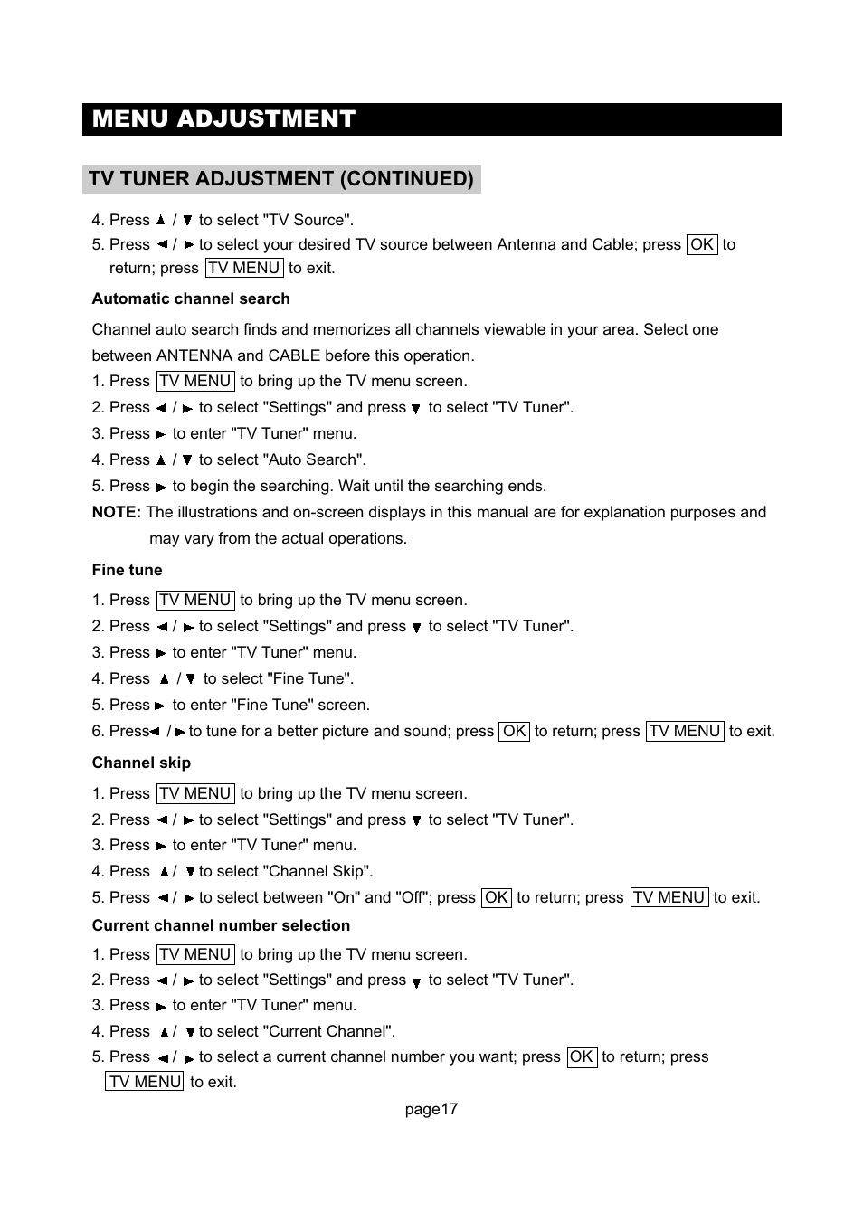 Menu adjustment, Tv tuner adjustment (continued) | Initial Technology DTV-172 User Manual | Page 20 / 51