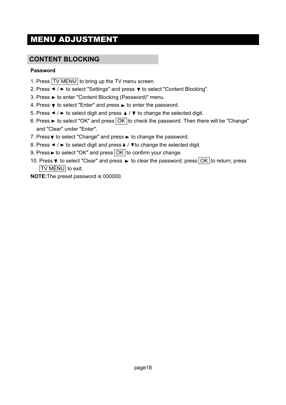 Menu adjustment, Content blocking | Initial Technology DTV-172 User Manual | Page 21 / 51
