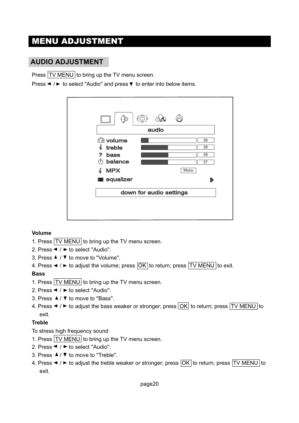 Menu adjustment, Audio adjustment | Initial Technology DTV-172 User Manual | Page 23 / 51