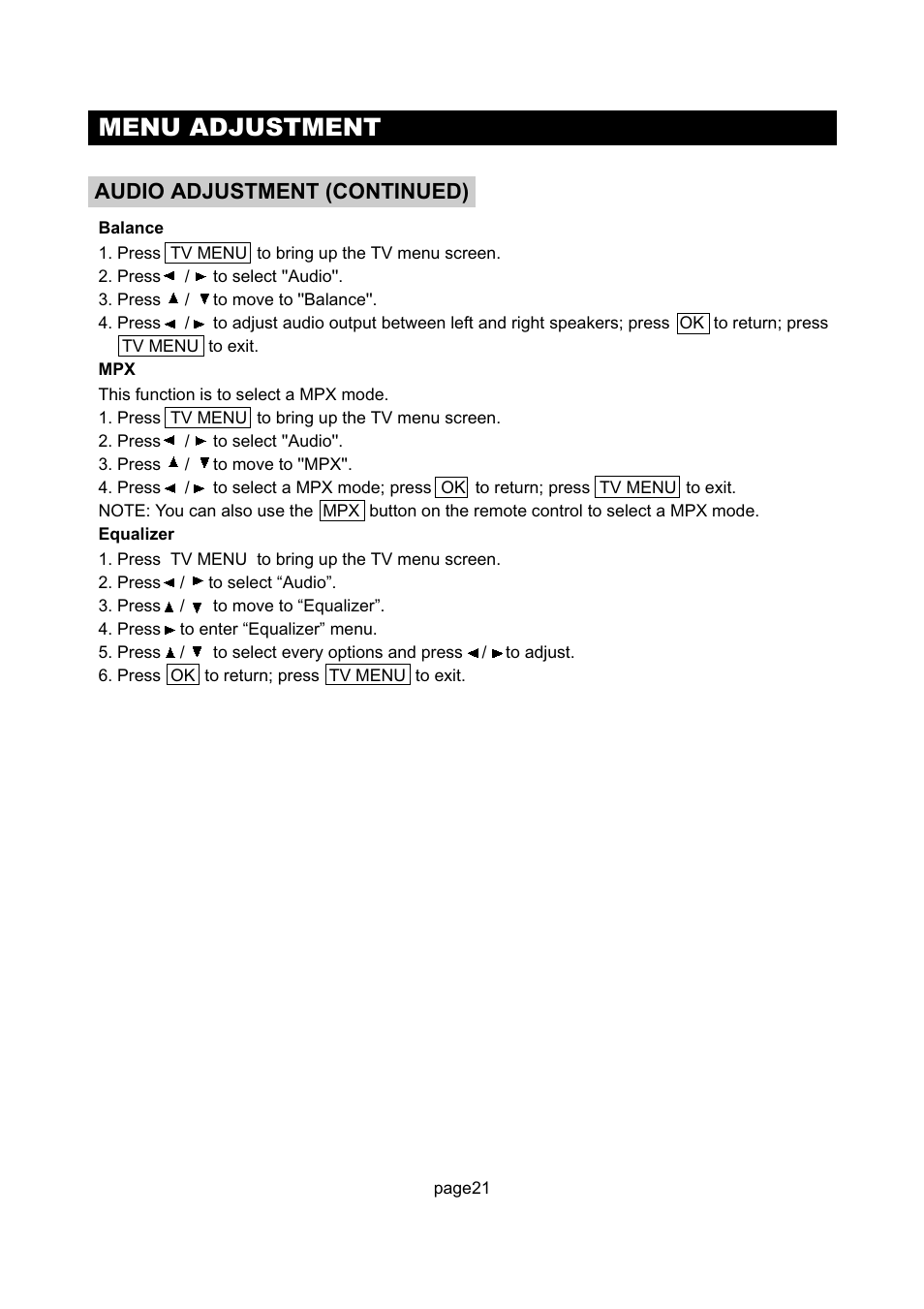Menu adjustment, Audio adjustment (continued) | Initial Technology DTV-172 User Manual | Page 24 / 51