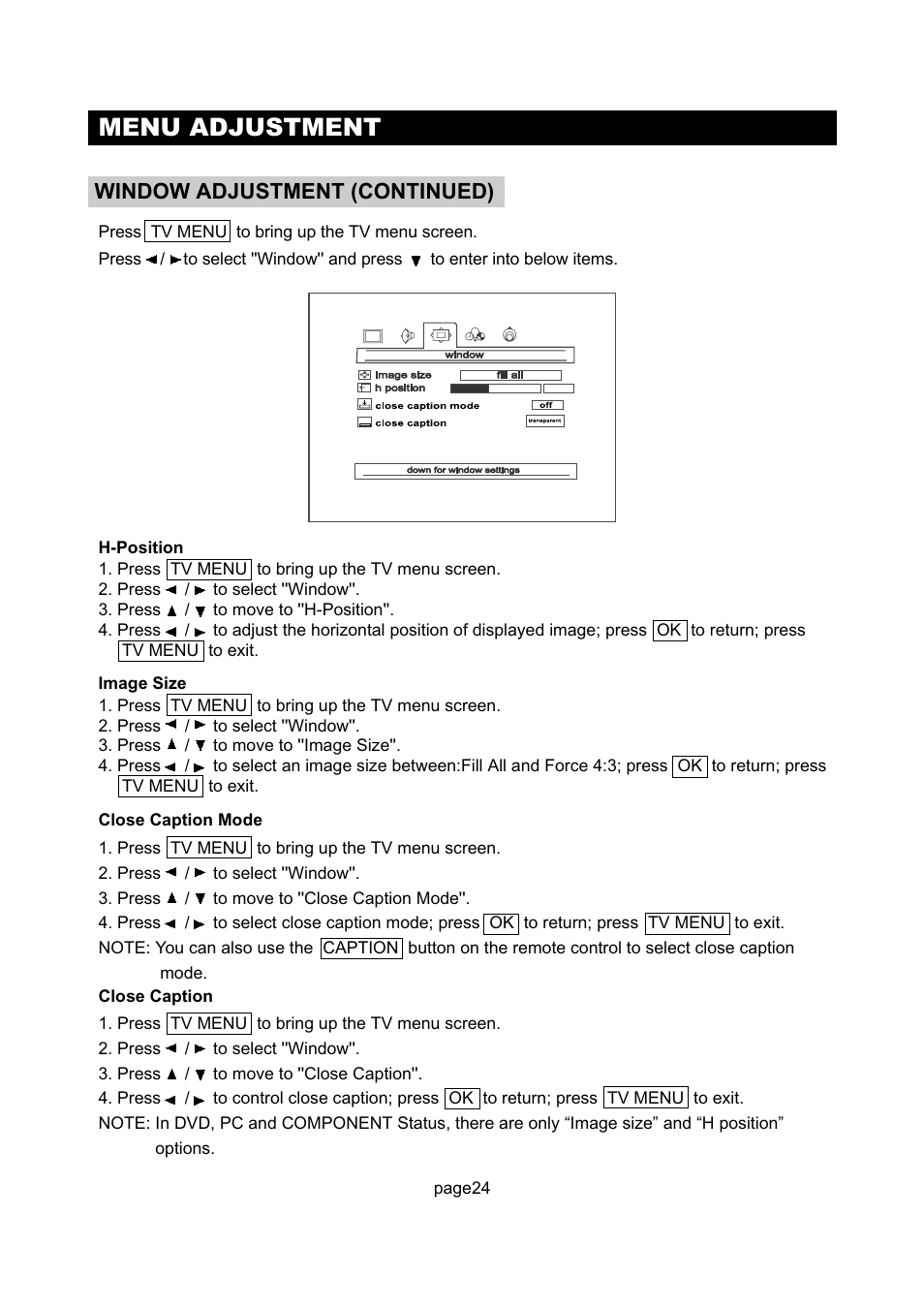 Menu adjustment, Window adjustment (continued) | Initial Technology DTV-172 User Manual | Page 27 / 51