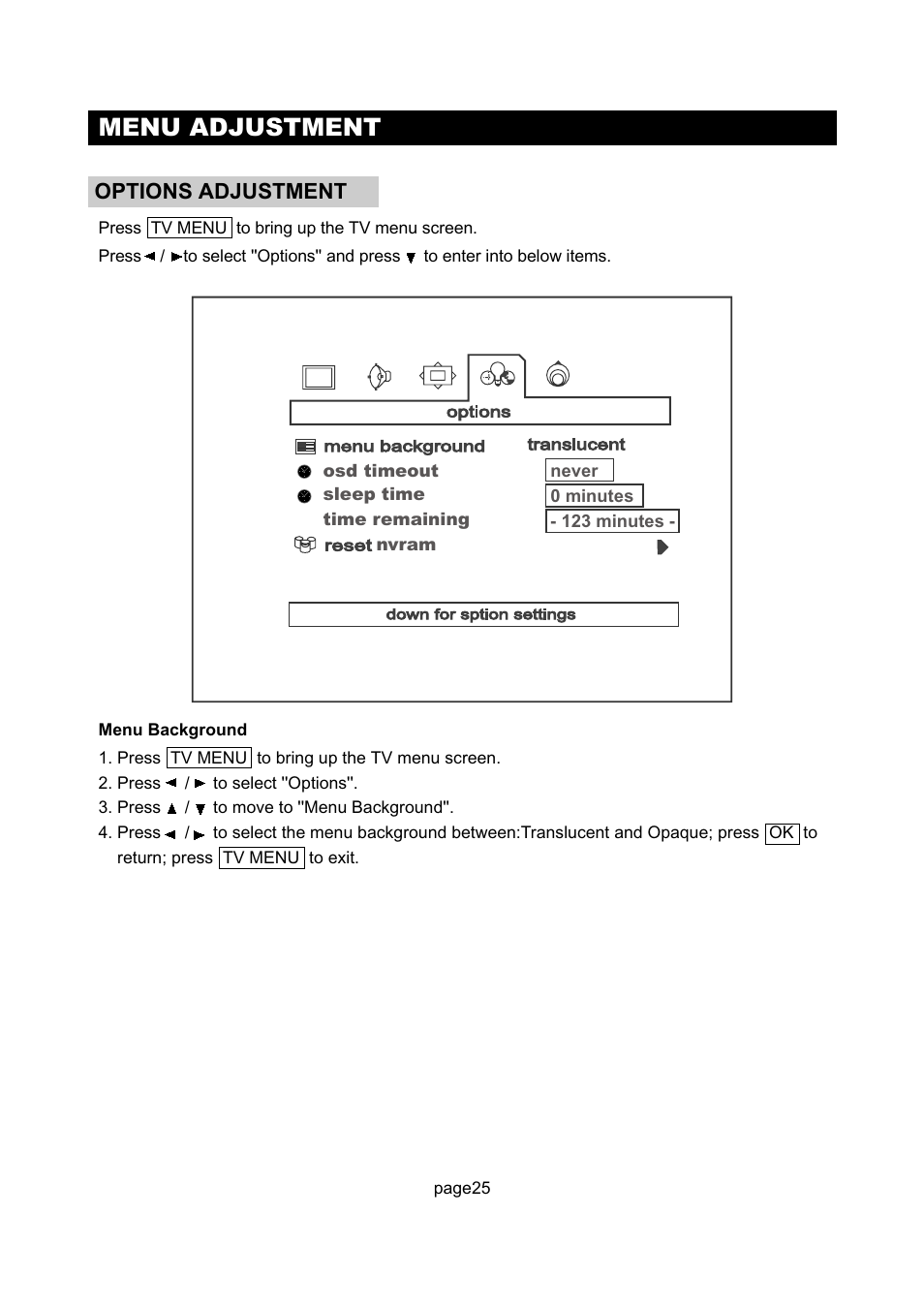 Menu adjustment, Options adjustment | Initial Technology DTV-172 User Manual | Page 28 / 51