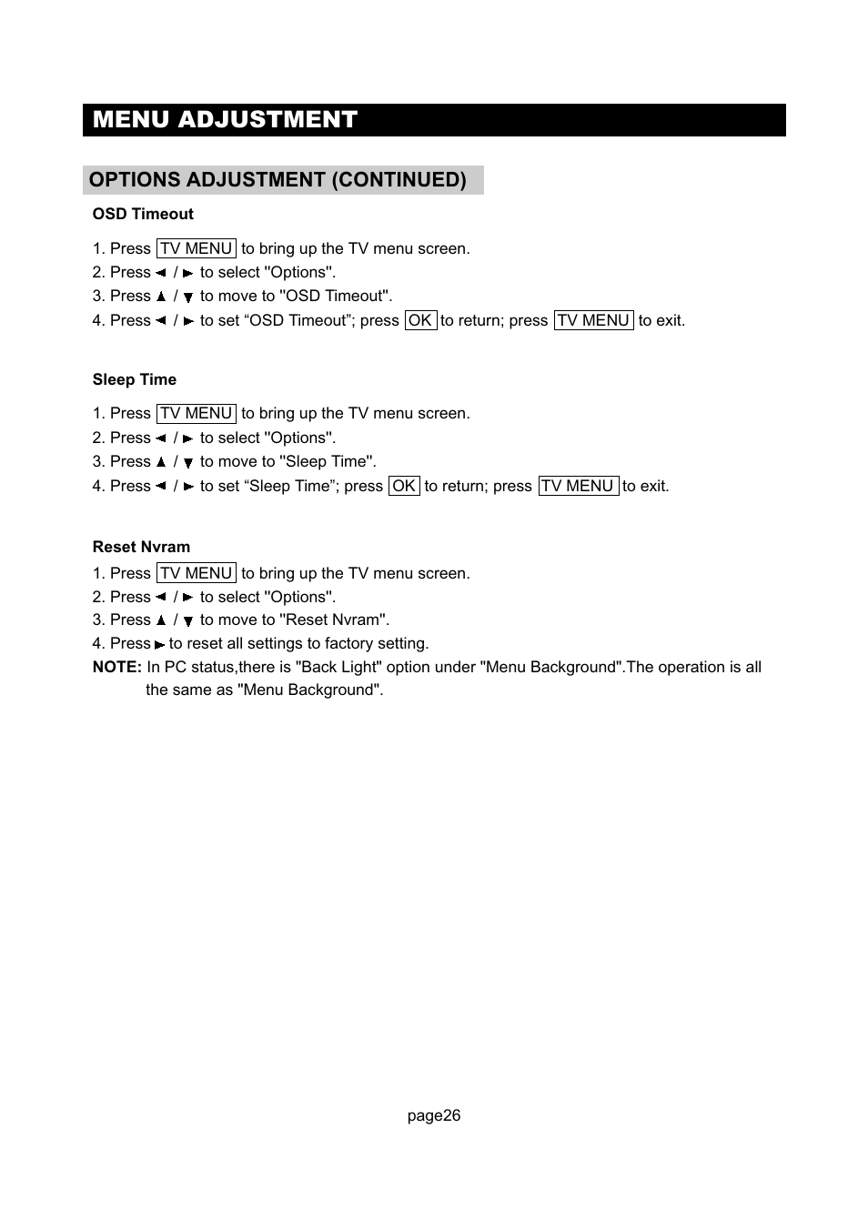 Menu adjustment, Options adjustment (continued) | Initial Technology DTV-172 User Manual | Page 29 / 51
