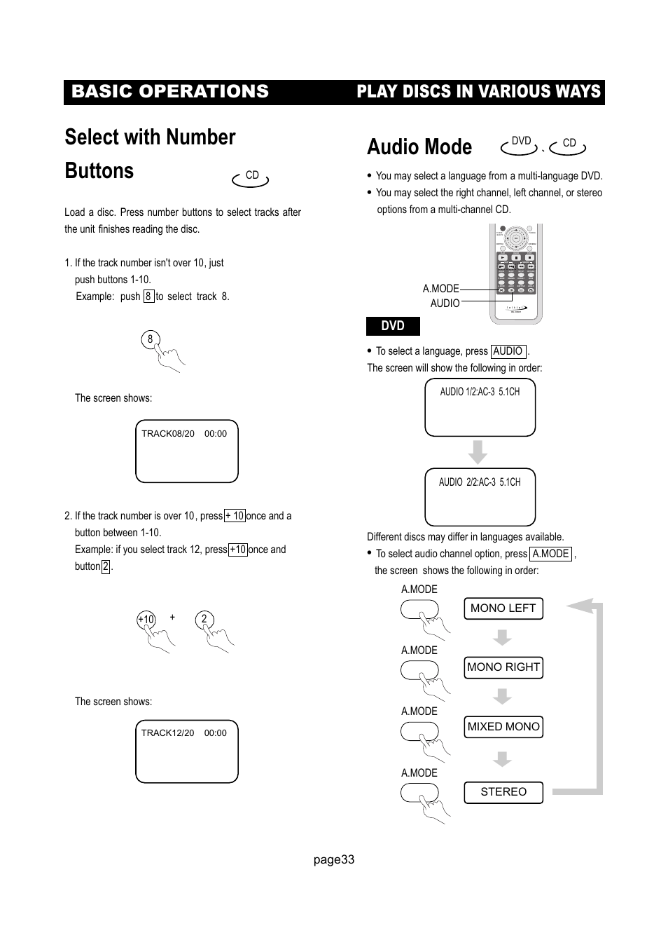Audio mode, Select with number buttons, Basic operations play discs in various ways | Page33, 10 2 + a.mode a.mode a.mode | Initial Technology DTV-172 User Manual | Page 36 / 51