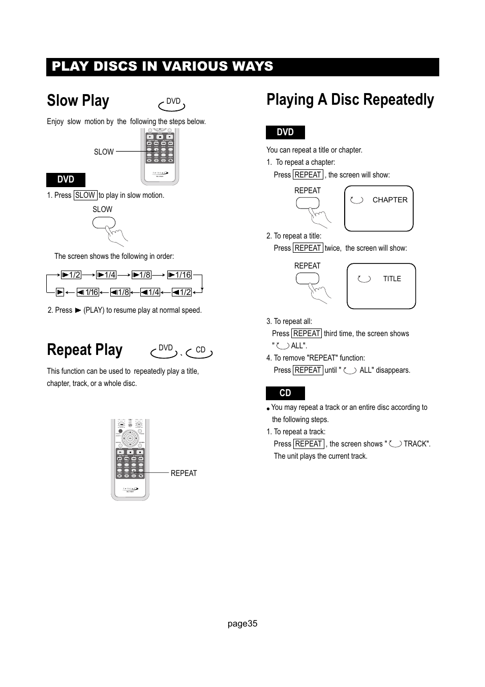 Slow play, Repeat play, Playing a disc repeatedly | Play discs in various ways, Dvd cd, Page35, Slow, Slow repeat, Repeat, Title chapter | Initial Technology DTV-172 User Manual | Page 38 / 51
