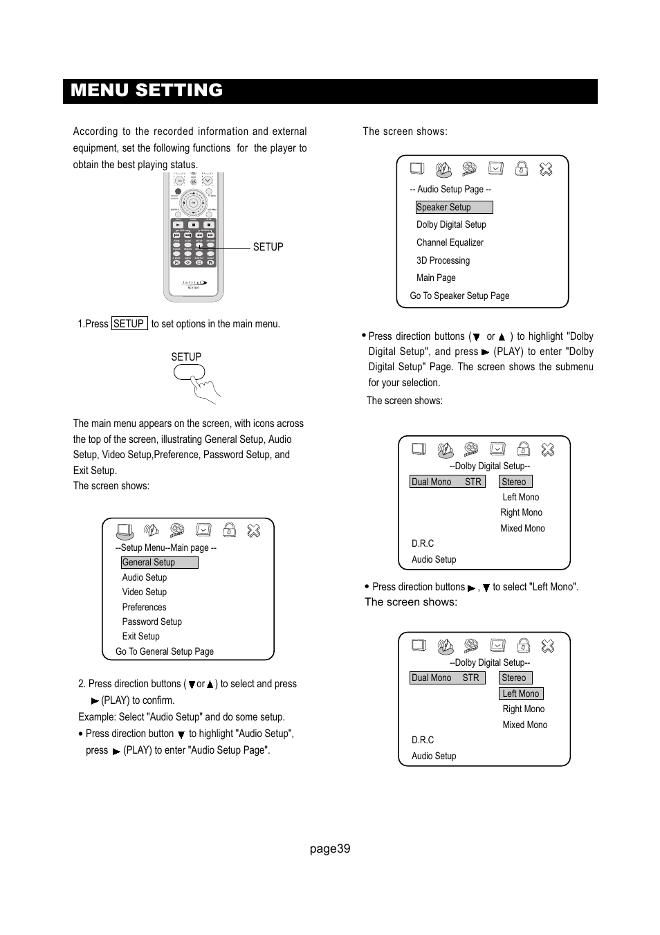 Menu setting, Page39, Setup | Initial Technology DTV-172 User Manual | Page 42 / 51