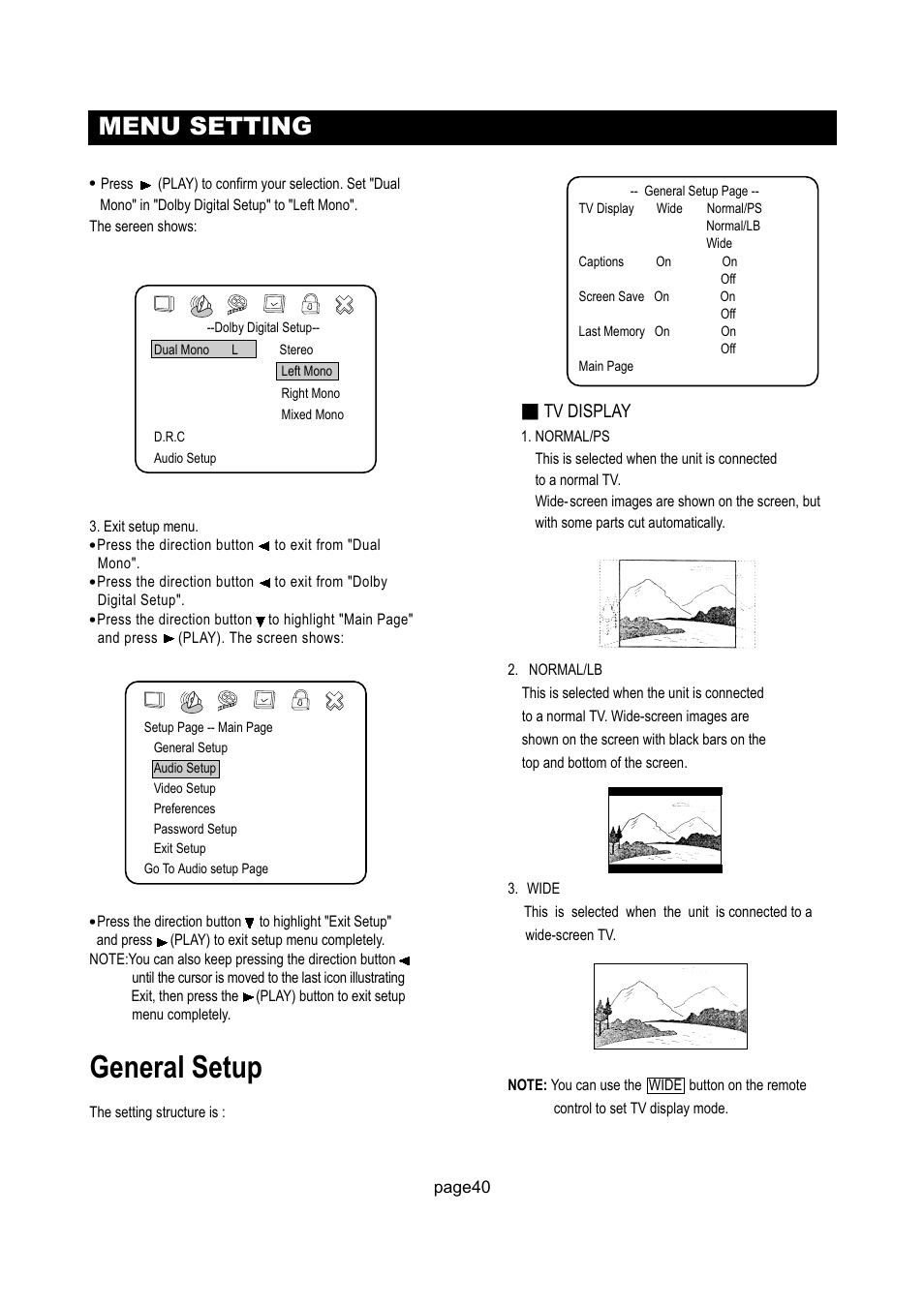 General setup, Menu setting, Tv display | Initial Technology DTV-172 User Manual | Page 43 / 51
