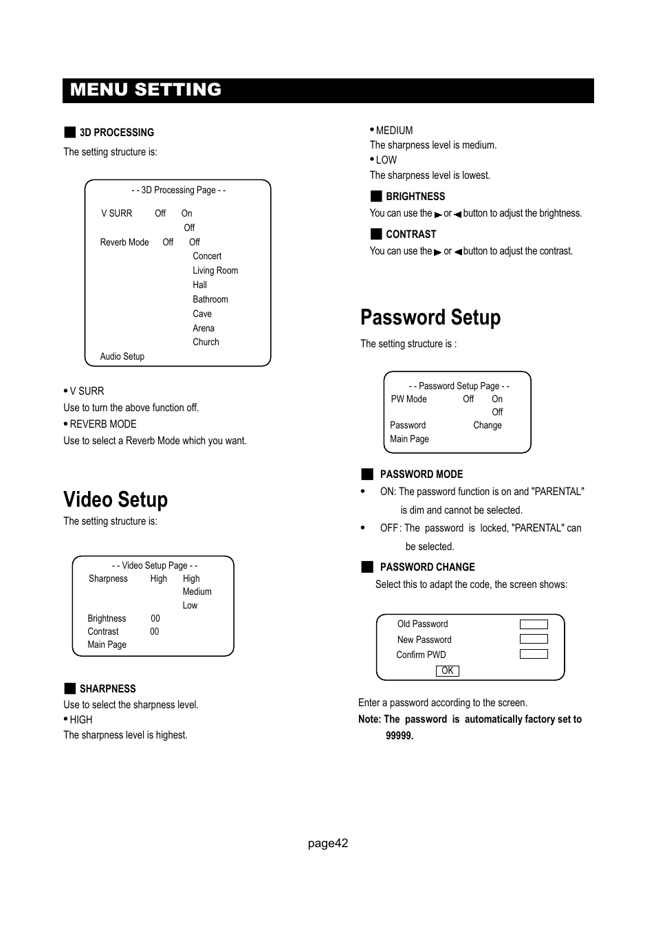 Video setup, Password setup, Menu setting | Initial Technology DTV-172 User Manual | Page 45 / 51