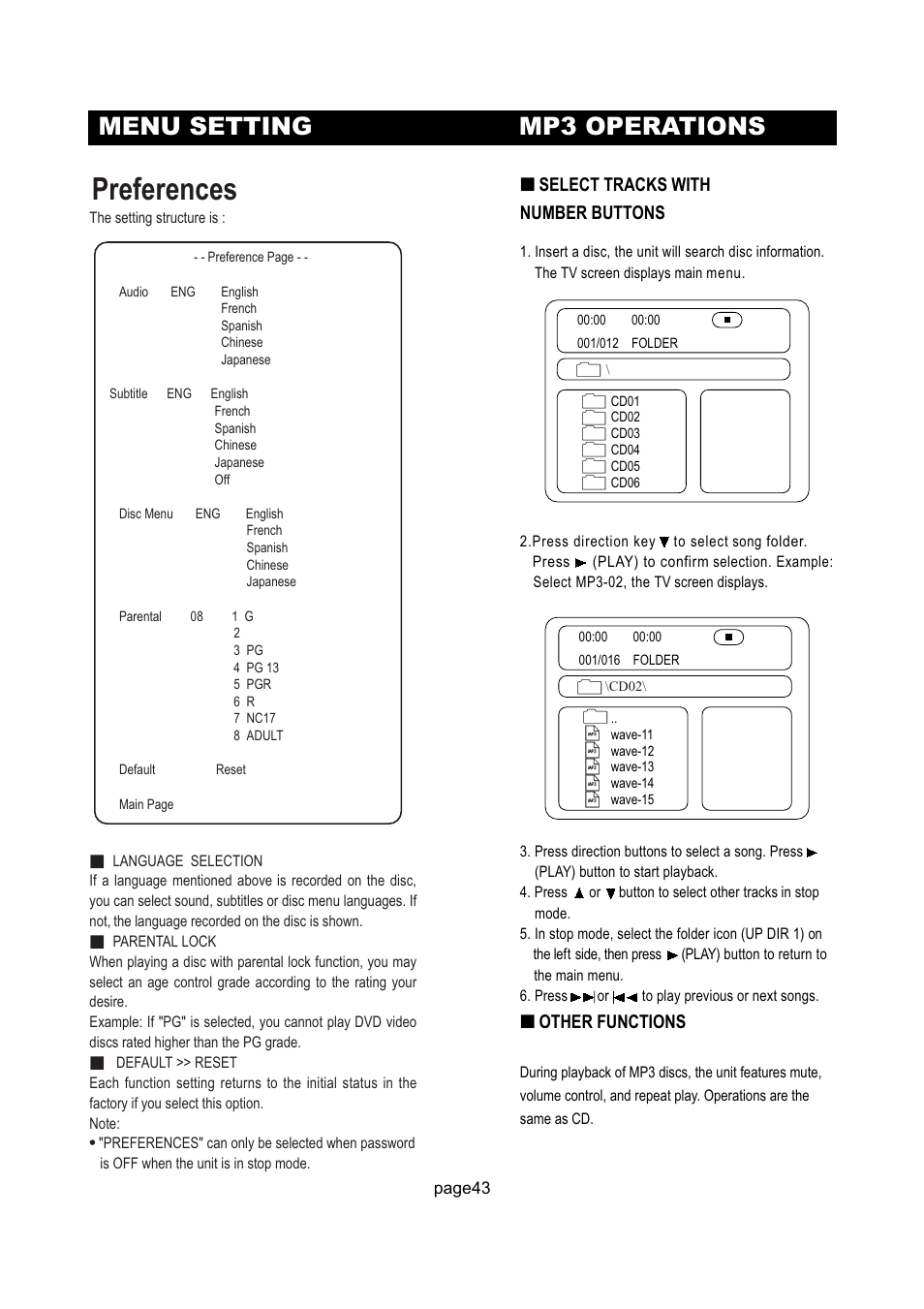 Preferences, Menu setting mp3 operations | Initial Technology DTV-172 User Manual | Page 46 / 51