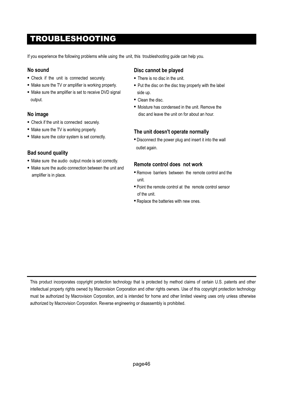 Troubleshooting, No sound, No image | Bad sound quality, Disc cannot be played, The unit doesn't operate normally, Remote control does not work, Page46 | Initial Technology DTV-172 User Manual | Page 49 / 51