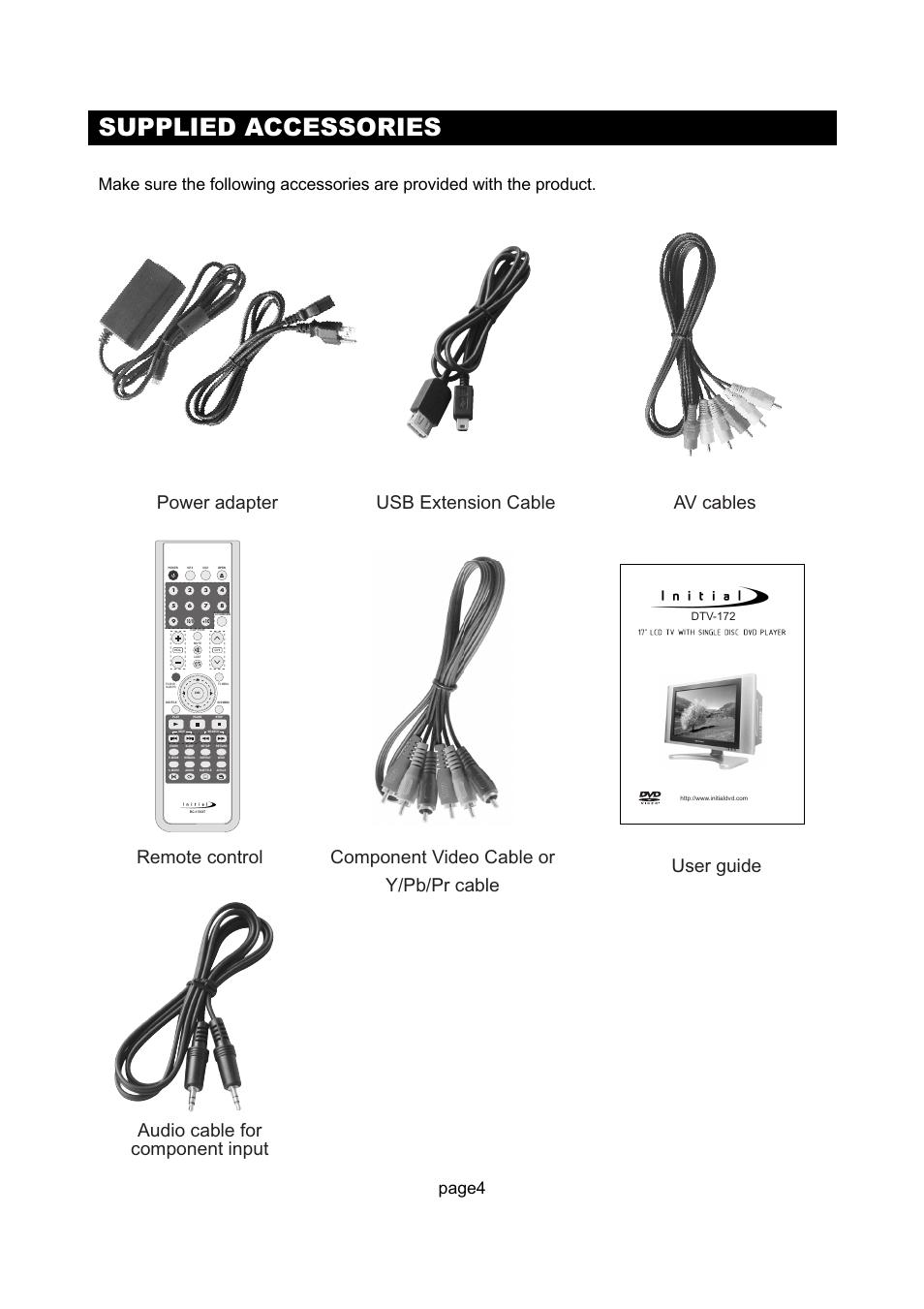 Supplied accessories, Page4, Dtv-172 | Initial Technology DTV-172 User Manual | Page 7 / 51
