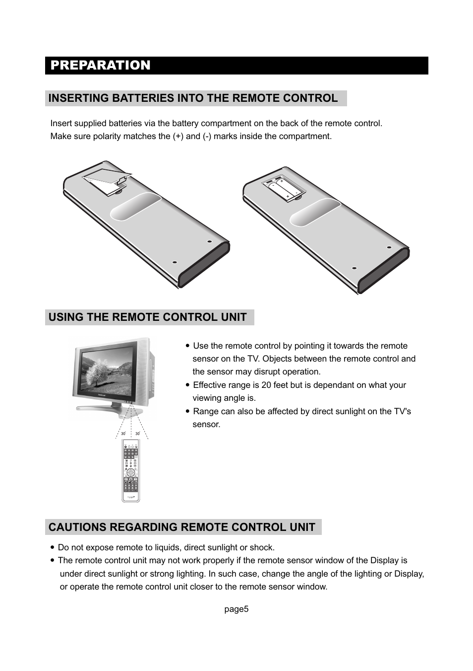 Preparation, Inserting batteries into the remote control, Cautions regarding remote control unit | Using the remote control unit, Page5 | Initial Technology DTV-172 User Manual | Page 8 / 51