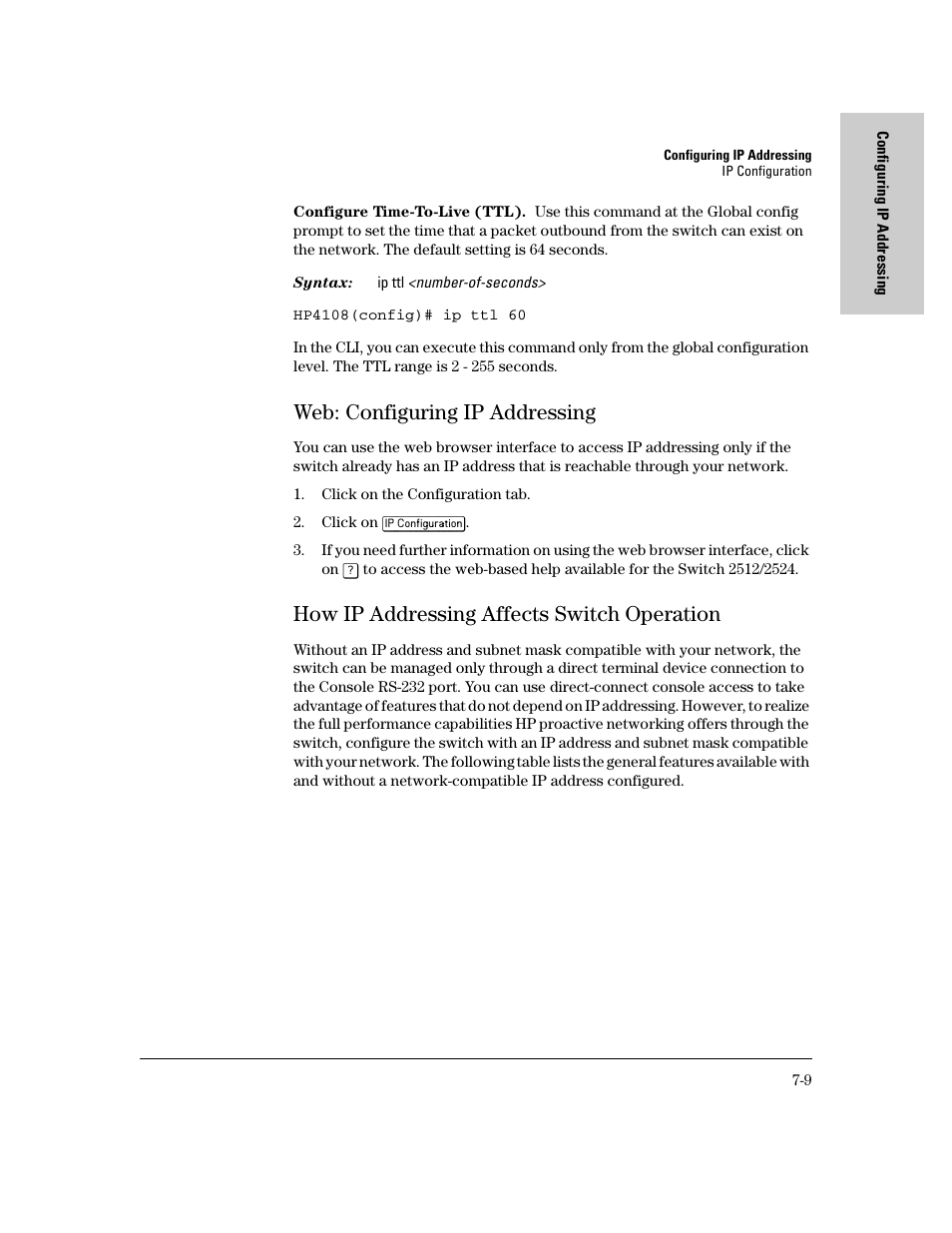 Web: configuring ip addressing, How ip addressing affects switch operation, Web: configuring ip addressing -9 | How ip addressing affects switch operation -9 | IronPort Systems 4108GL User Manual | Page 125 / 483