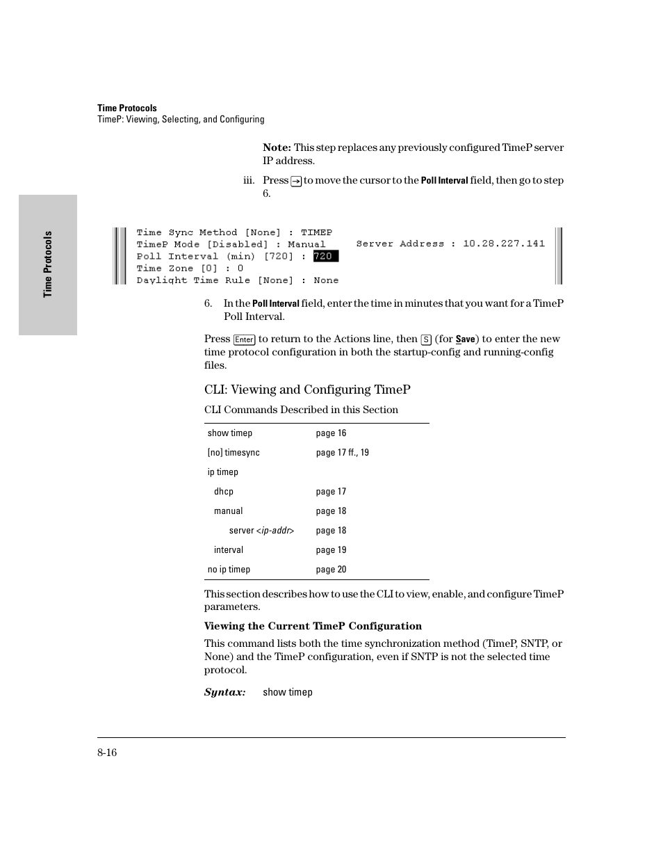 Cli: viewing and configuring timep, Viewing the current timep configuration, Cli: viewing and configuring timep -16 | Viewing the current timep configuration -16 | IronPort Systems 4108GL User Manual | Page 146 / 483