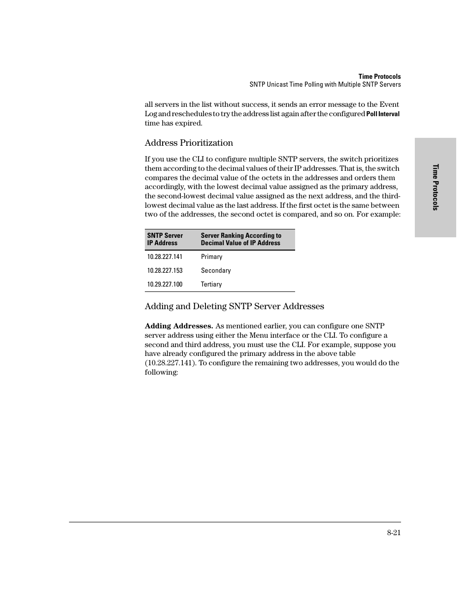 Address prioritization, Adding and deleting sntp server addresses, Address prioritization -21 | Adding and deleting sntp server addresses -21 | IronPort Systems 4108GL User Manual | Page 151 / 483