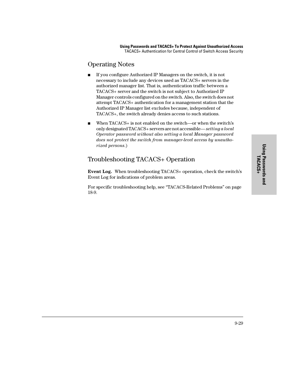 Operating notes, Troubleshooting tacacs+ operation, Operating notes -29 | Troubleshooting tacacs+ operation -29 | IronPort Systems 4108GL User Manual | Page 183 / 483