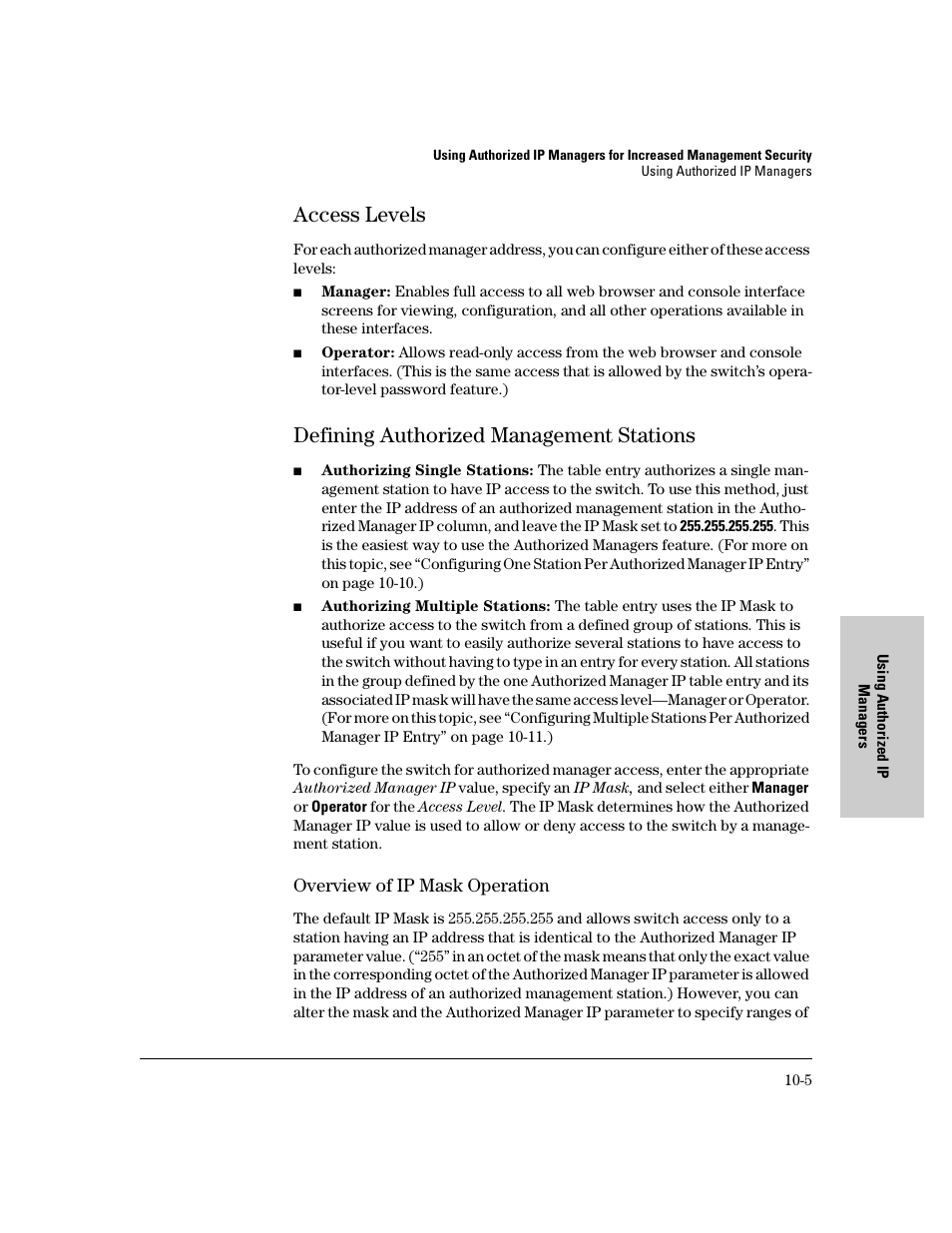 Access levels, Defining authorized management stations, Overview of ip mask operation | Access levels -5, Defining authorized management stations -5, Overview of ip mask operation -5 | IronPort Systems 4108GL User Manual | Page 189 / 483