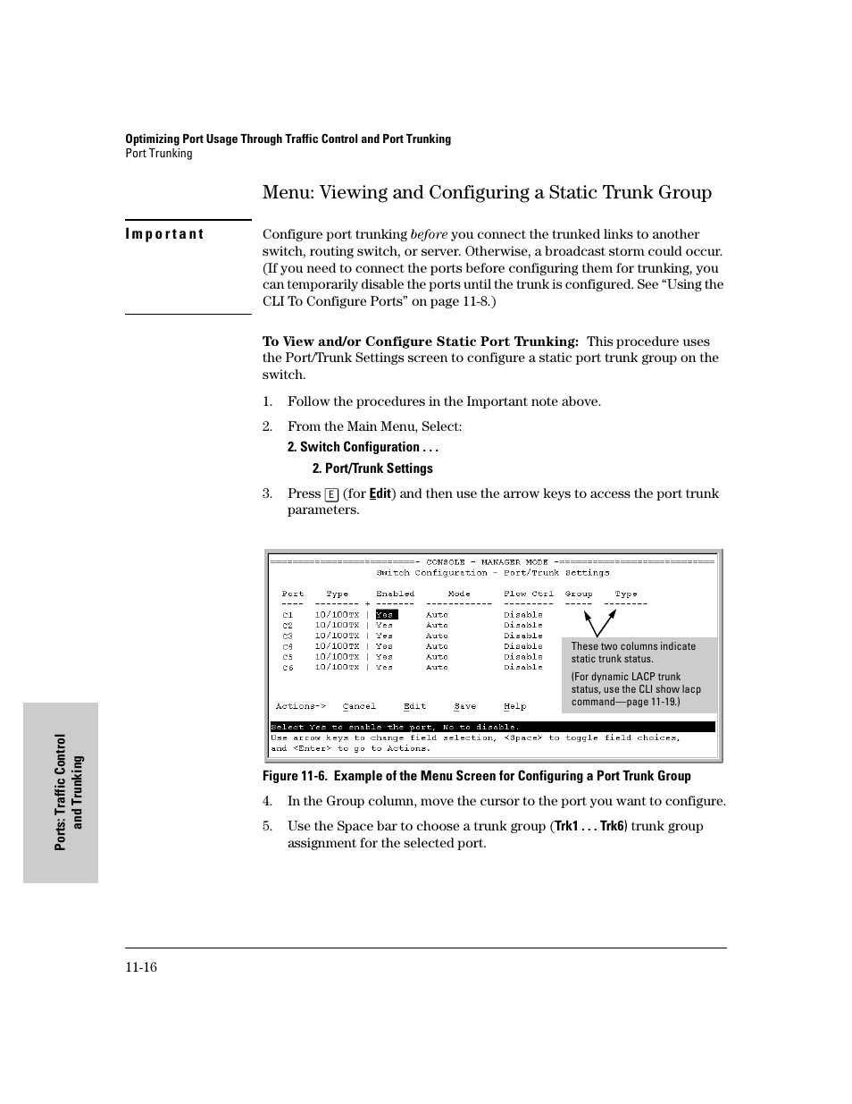 Menu: viewing and configuring a static trunk group | IronPort Systems 4108GL User Manual | Page 214 / 483