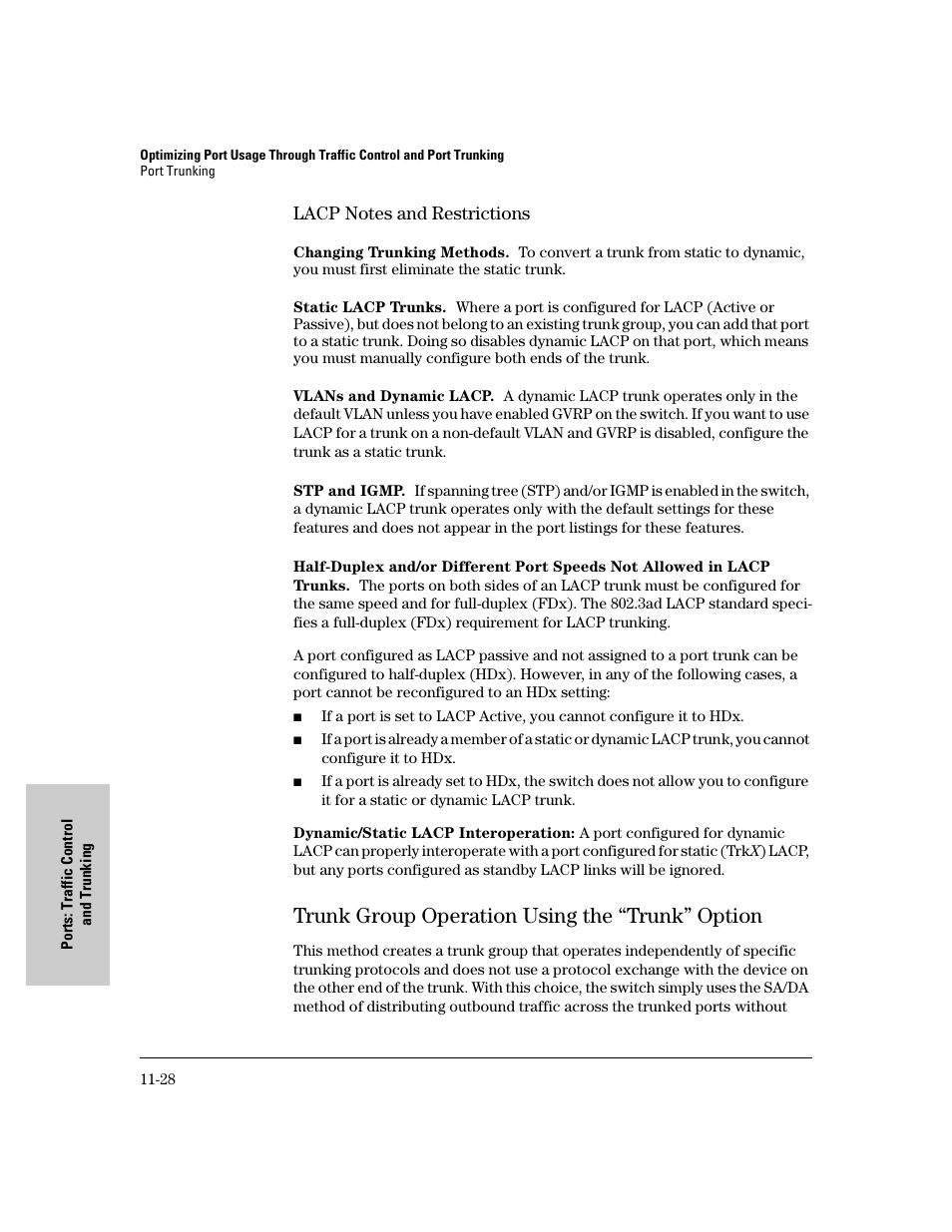 Lacp notes and restrictions, Trunk group operation using the “trunk” option, Trunk group operation using the “trunk” option -28 | Lacp notes and restrictions -28 | IronPort Systems 4108GL User Manual | Page 226 / 483