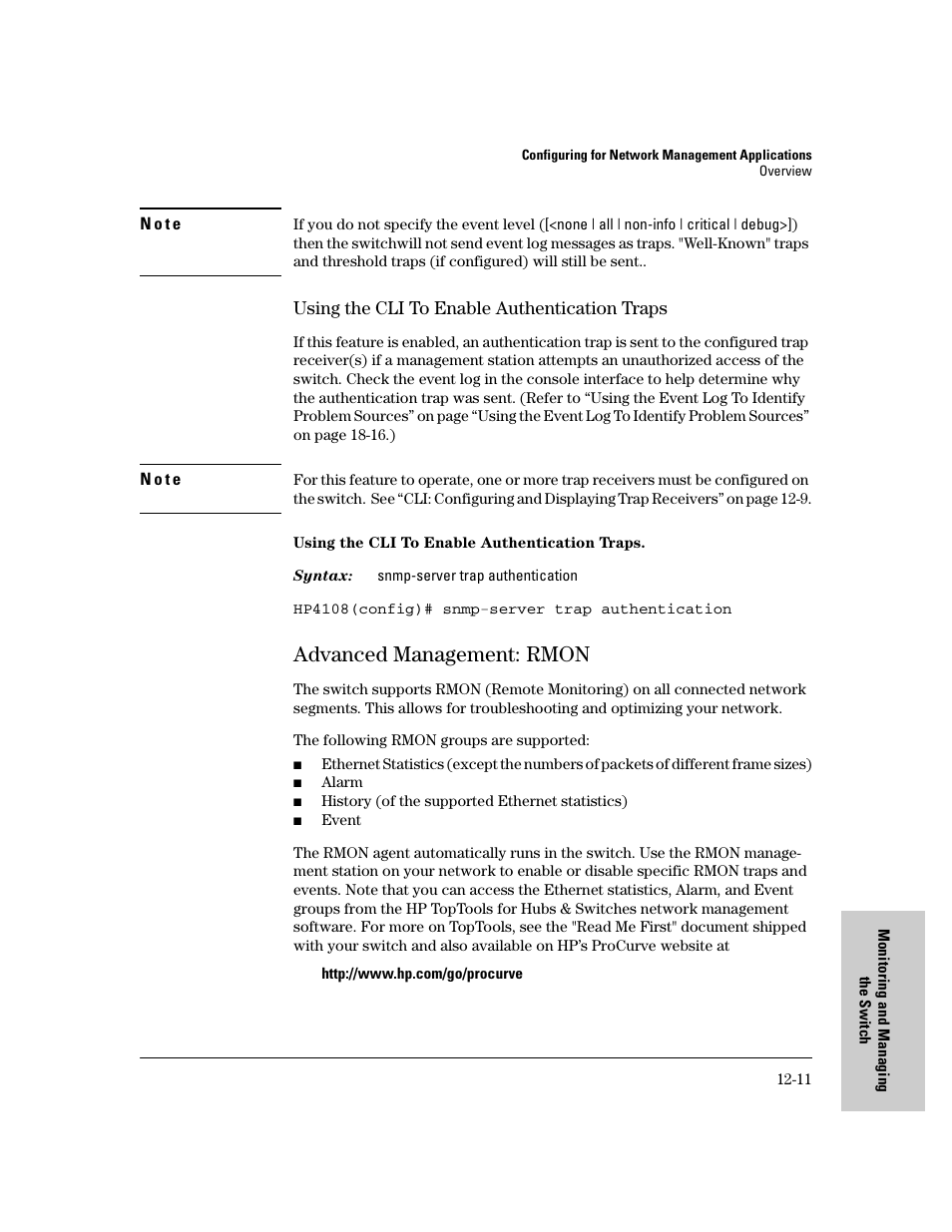 Using the cli to enable authentication traps, Advanced management: rmon, Advanced management: rmon -11 | Using the cli to enable authentication traps -11 | IronPort Systems 4108GL User Manual | Page 241 / 483