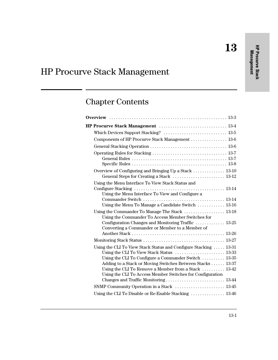 Hp procurve stack management, Chapter contents, E chapter 13, “hp procurve stack management | Chapter 13, “hp procurve stack management | IronPort Systems 4108GL User Manual | Page 259 / 483