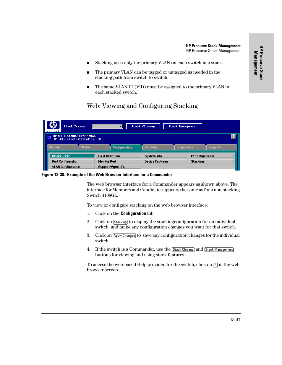 Web: viewing and configuring stacking, Web: viewing and configuring stacking -47 | IronPort Systems 4108GL User Manual | Page 305 / 483