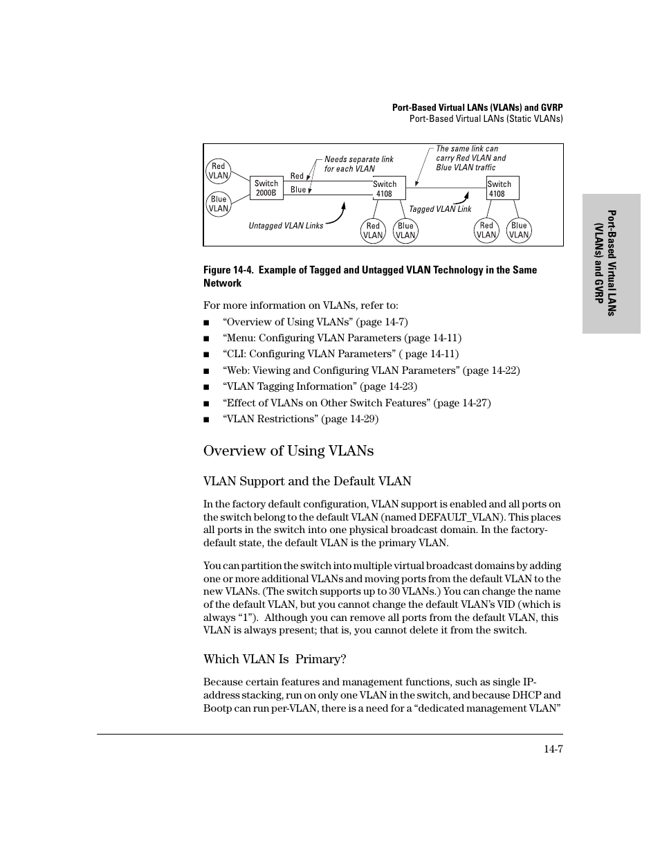 Overview of using vlans, Vlan support and the default vlan, Which vlan is primary | Overview of using vlans -7 | IronPort Systems 4108GL User Manual | Page 313 / 483