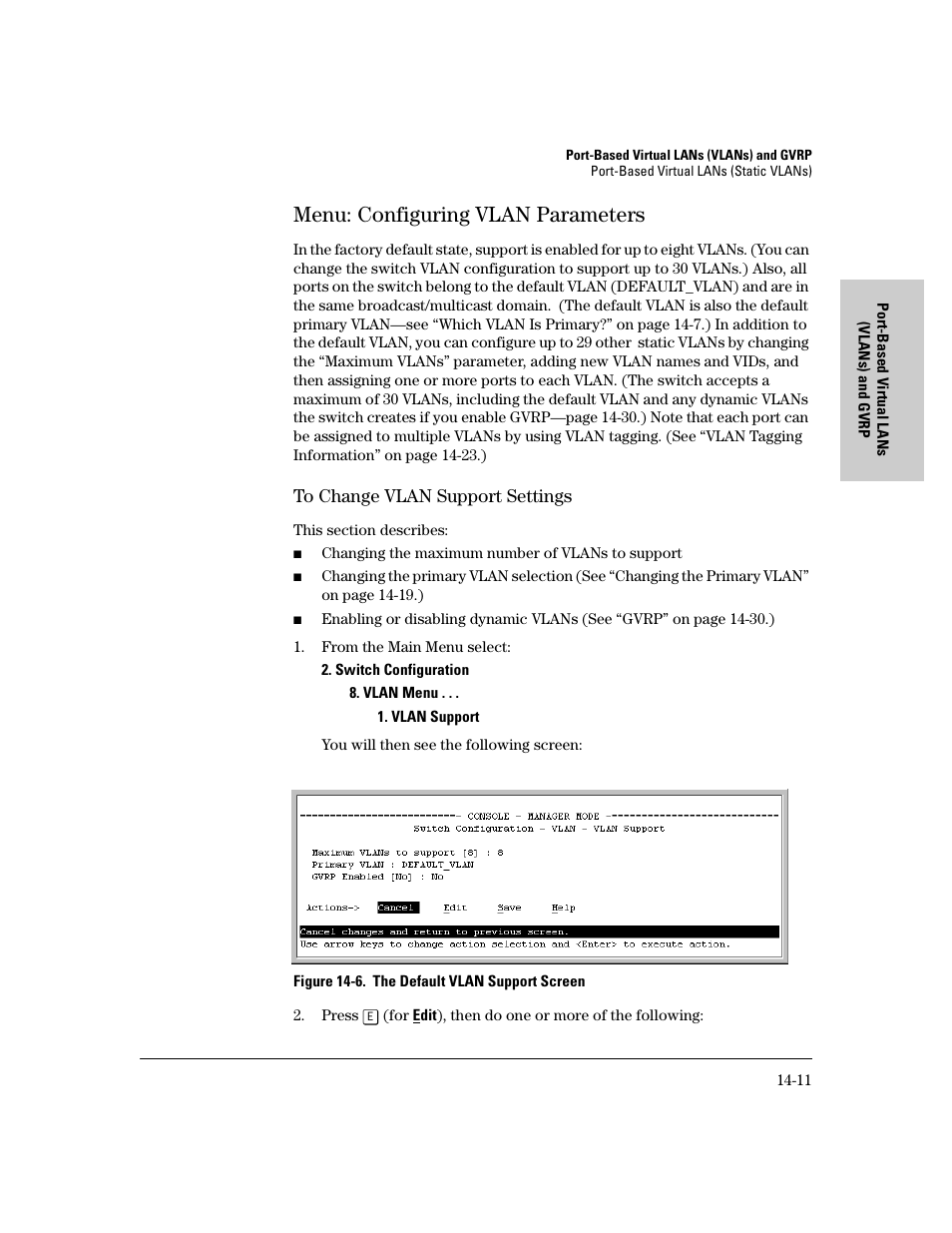 Menu: configuring vlan parameters, To change vlan support settings, Menu: configuring vlan parameters -11 | To change vlan support settings -11, Ge 14-11 | IronPort Systems 4108GL User Manual | Page 317 / 483