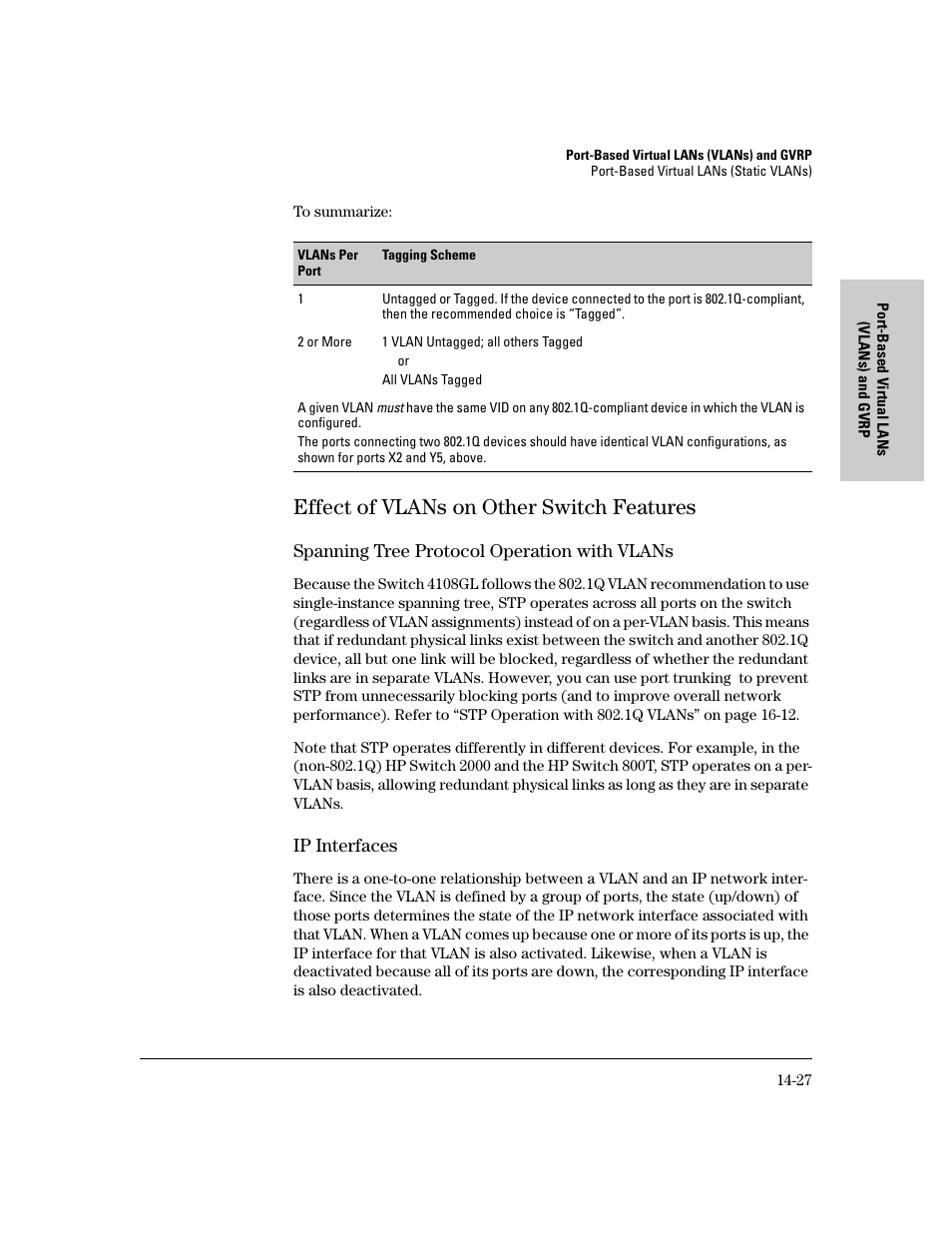 Effect of vlans on other switch features, Spanning tree protocol operation with vlans, Ip interfaces | Effect of vlans on other switch features -27 | IronPort Systems 4108GL User Manual | Page 333 / 483