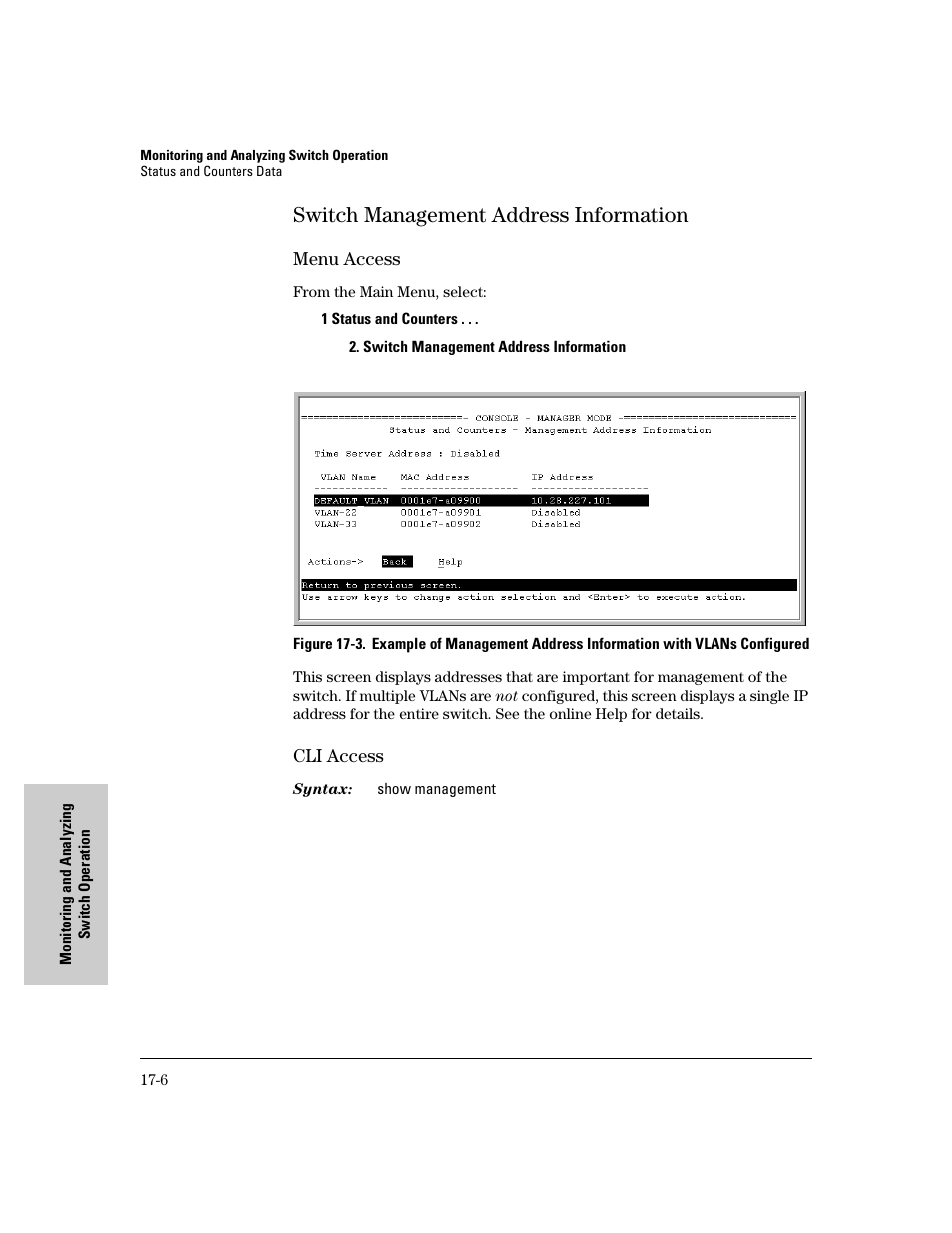 Switch management address information, Menu access, Cli access | Switch management address information -6 | IronPort Systems 4108GL User Manual | Page 390 / 483