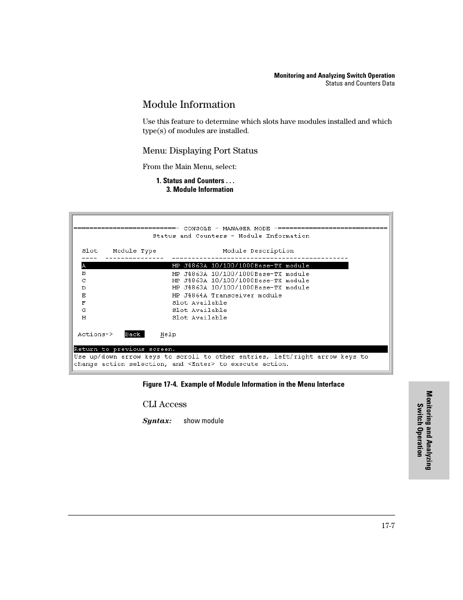 Module information, Menu: displaying port status, Cli access | Module information -7 | IronPort Systems 4108GL User Manual | Page 391 / 483