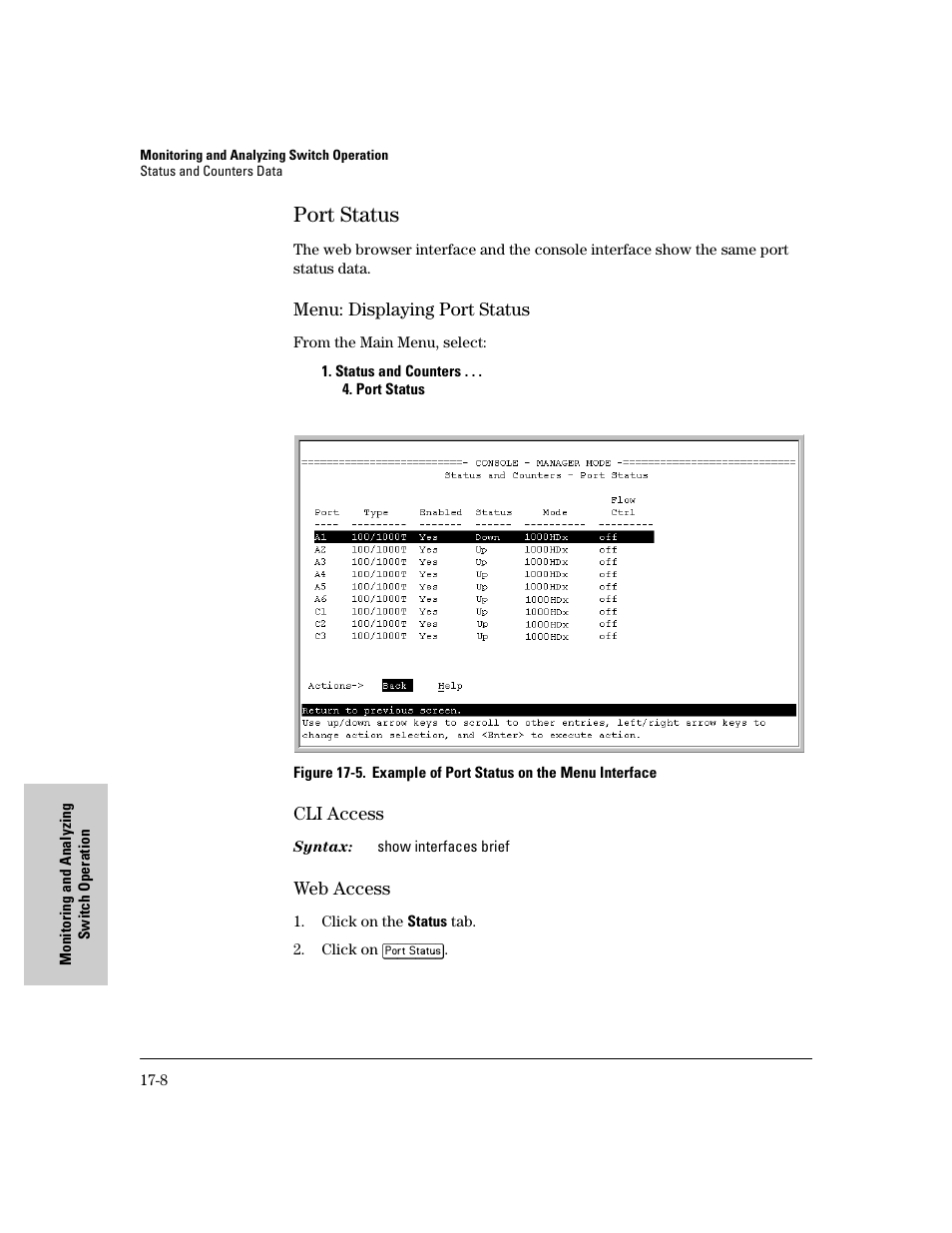 Port status, Menu: displaying port status, Cli access | Web access, Port status -8 | IronPort Systems 4108GL User Manual | Page 392 / 483