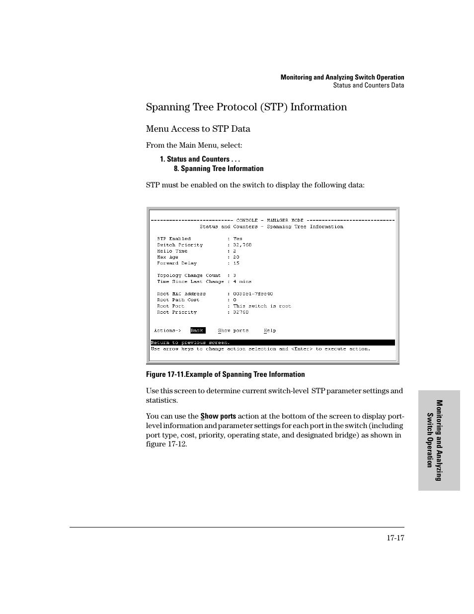 Spanning tree protocol (stp) information, Menu access to stp data, Spanning tree protocol (stp) information -17 | E 17-17 | IronPort Systems 4108GL User Manual | Page 401 / 483